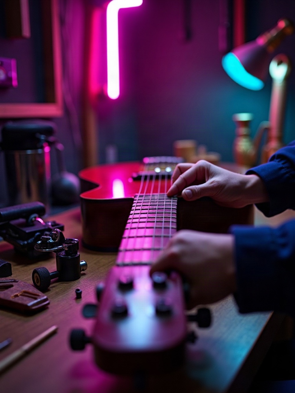 Guitar setup bench with tools, tuner pedal, and a rosewood fretboard