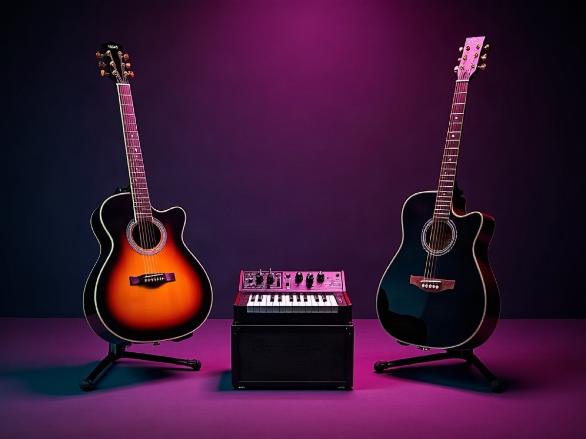 Sunburst acoustic guitar and black electric guitar beside a compact synthesizer