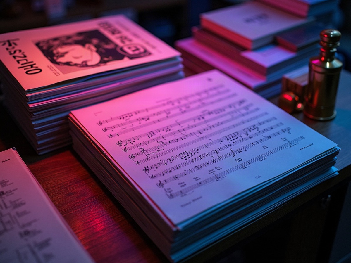 Vinyl records, printed scores, and hardcover art books on a dark wood counter