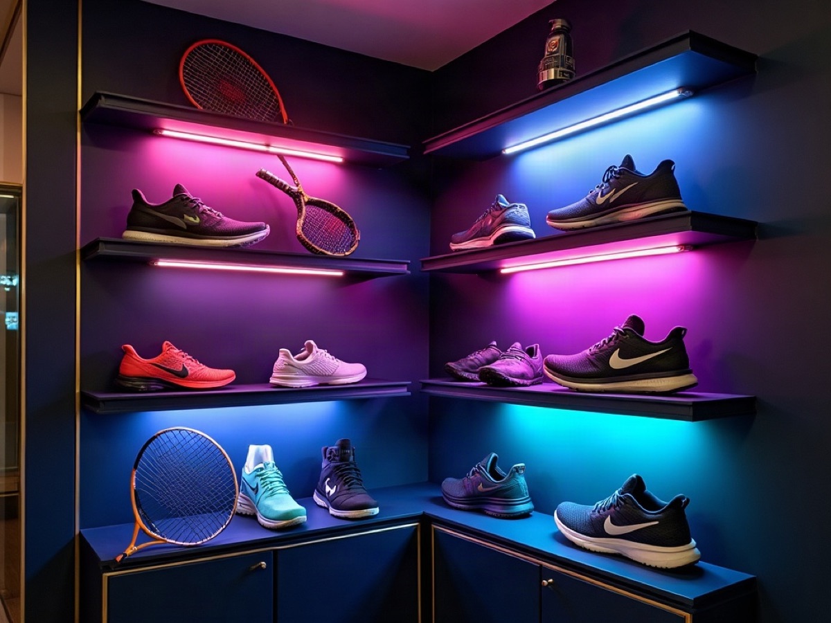 Tennis racket, baseball glove, running shoes, and a helmet on dark shelves