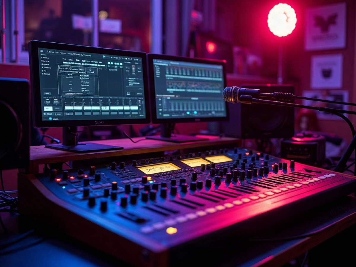 Mixing console, studio monitors, and a condenser microphone in a dark violet room